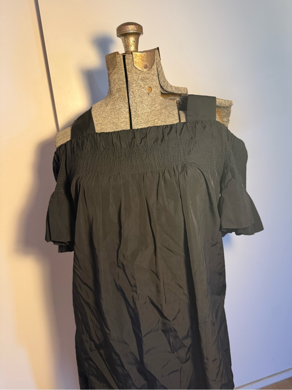 Dries Van Noten Black Off-Shoulder Smocked Tunic Top
